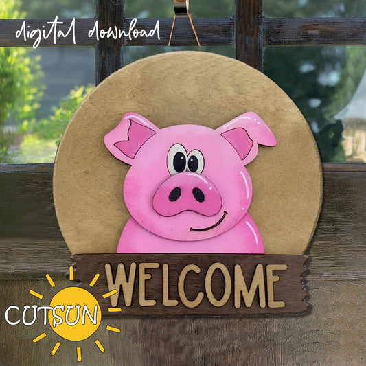 A digital image showing a round door hanger sign with a pig design and the word 'Welcome' on it, set against a backdrop of a window with trees and a sun motif.