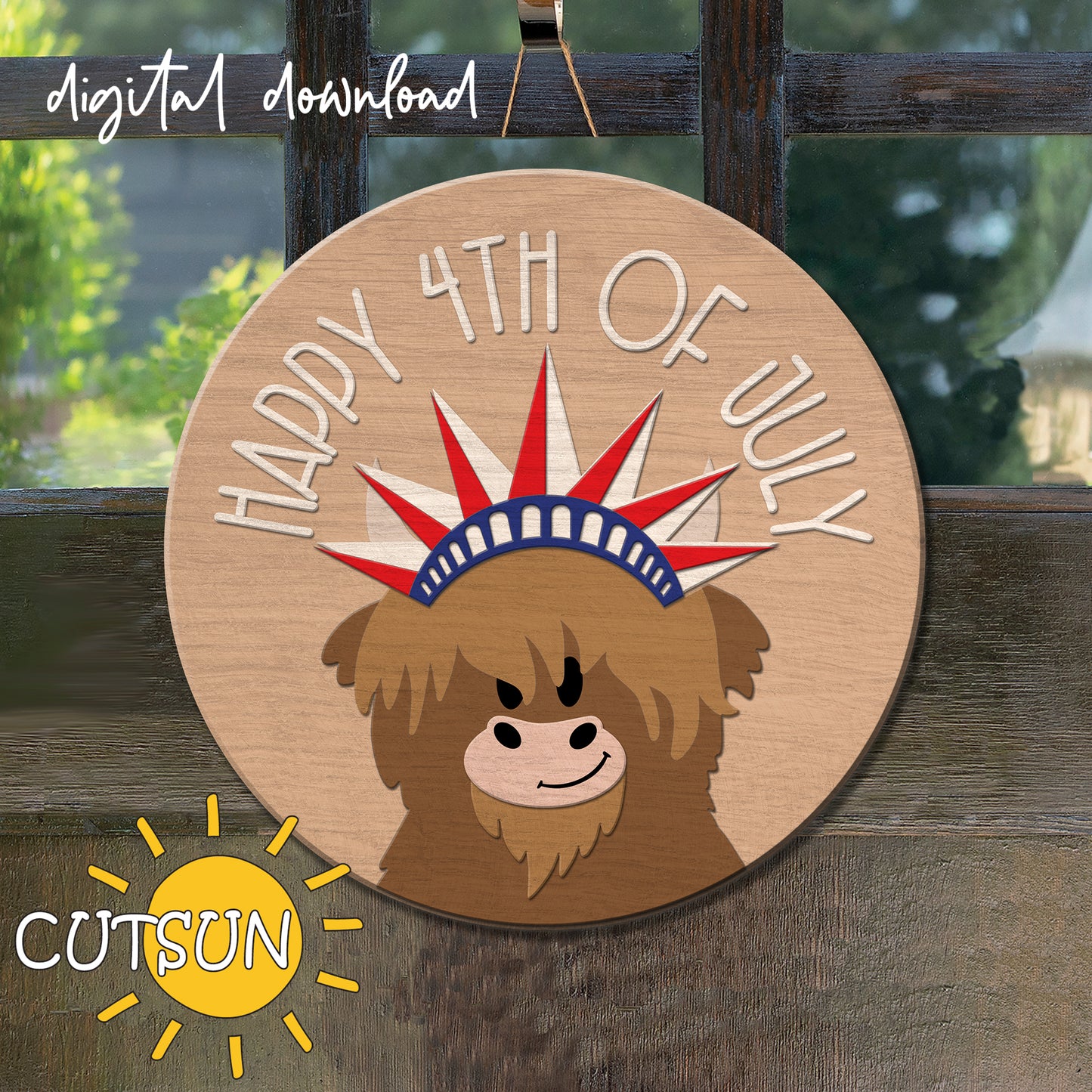 Happy 4th of July door hanger svg Patriotic Highland cow door sign SVG Statue of Liberty crown svg Glowforge svg Laser cut file Cricut SVG (Copy)