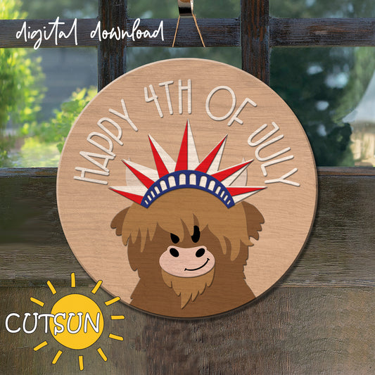 A digital download illustration of a Highland cow with a Statue of Liberty crown, celebrating the 4th of July, designed for use with laser cutters and Cricut machines.