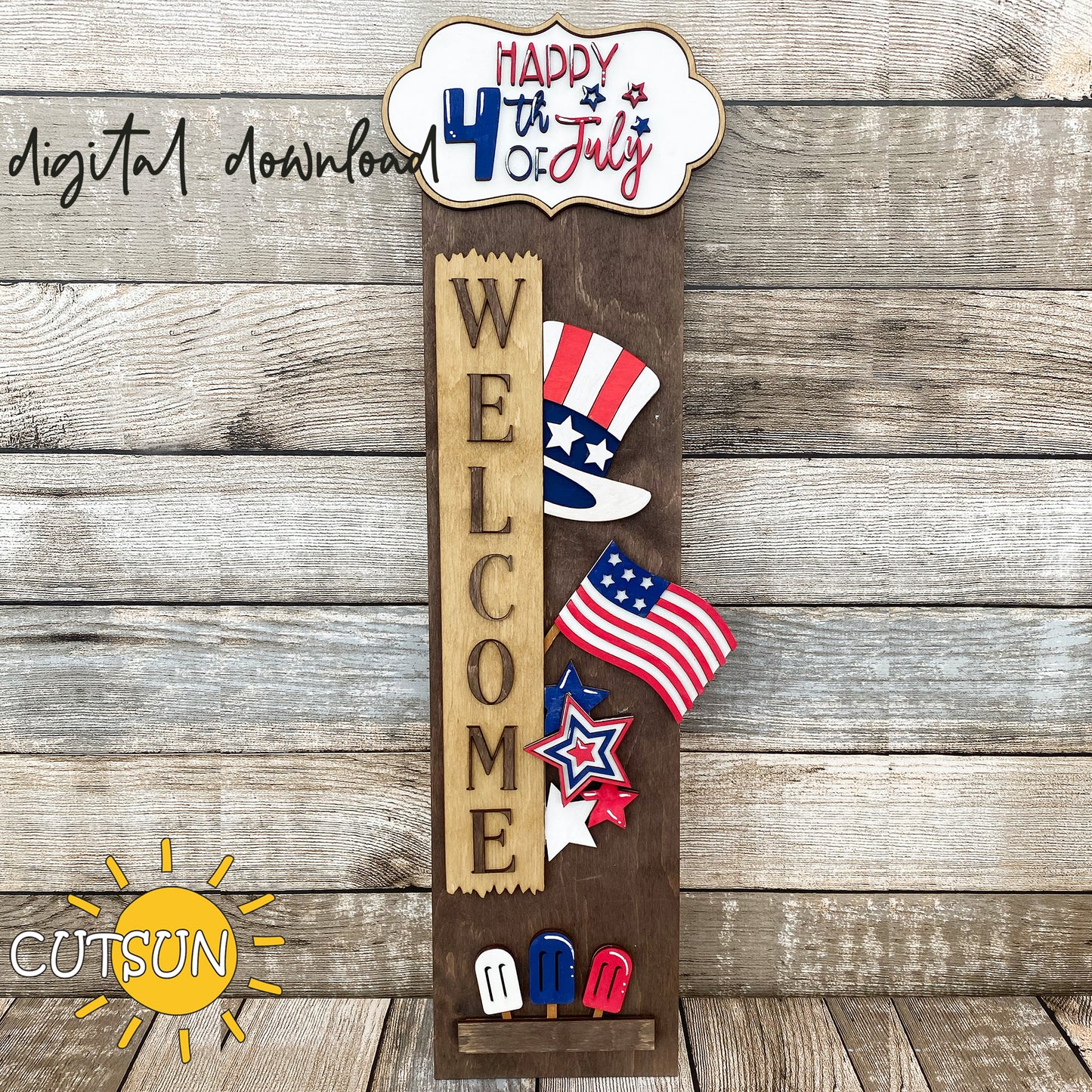 4th of July porch sign SVG with patriotic hat, stars, American flag and popsicles – laser cut file add-on with editable plaque