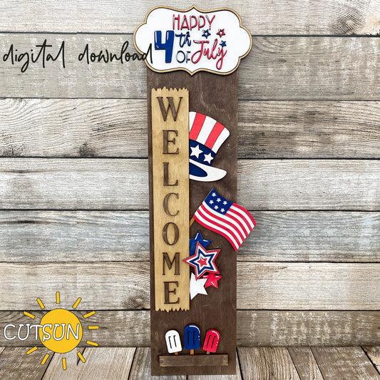 4th of July porch sign SVG with patriotic hat, stars, American flag and popsicles – laser cut file add-on with editable plaque