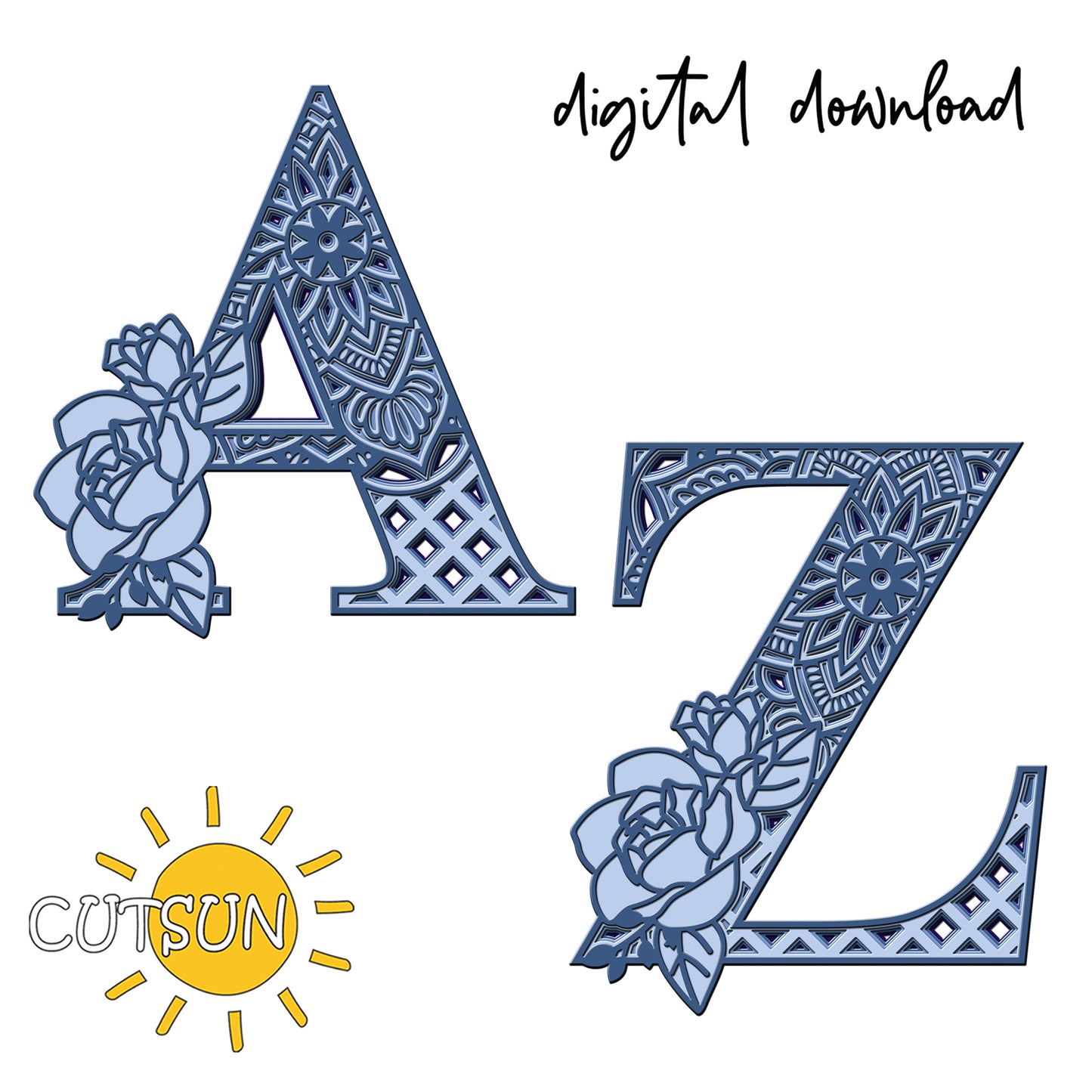 Decorative letters 'A' and 'Z' with floral elements and a yellow sun logo on a white background.