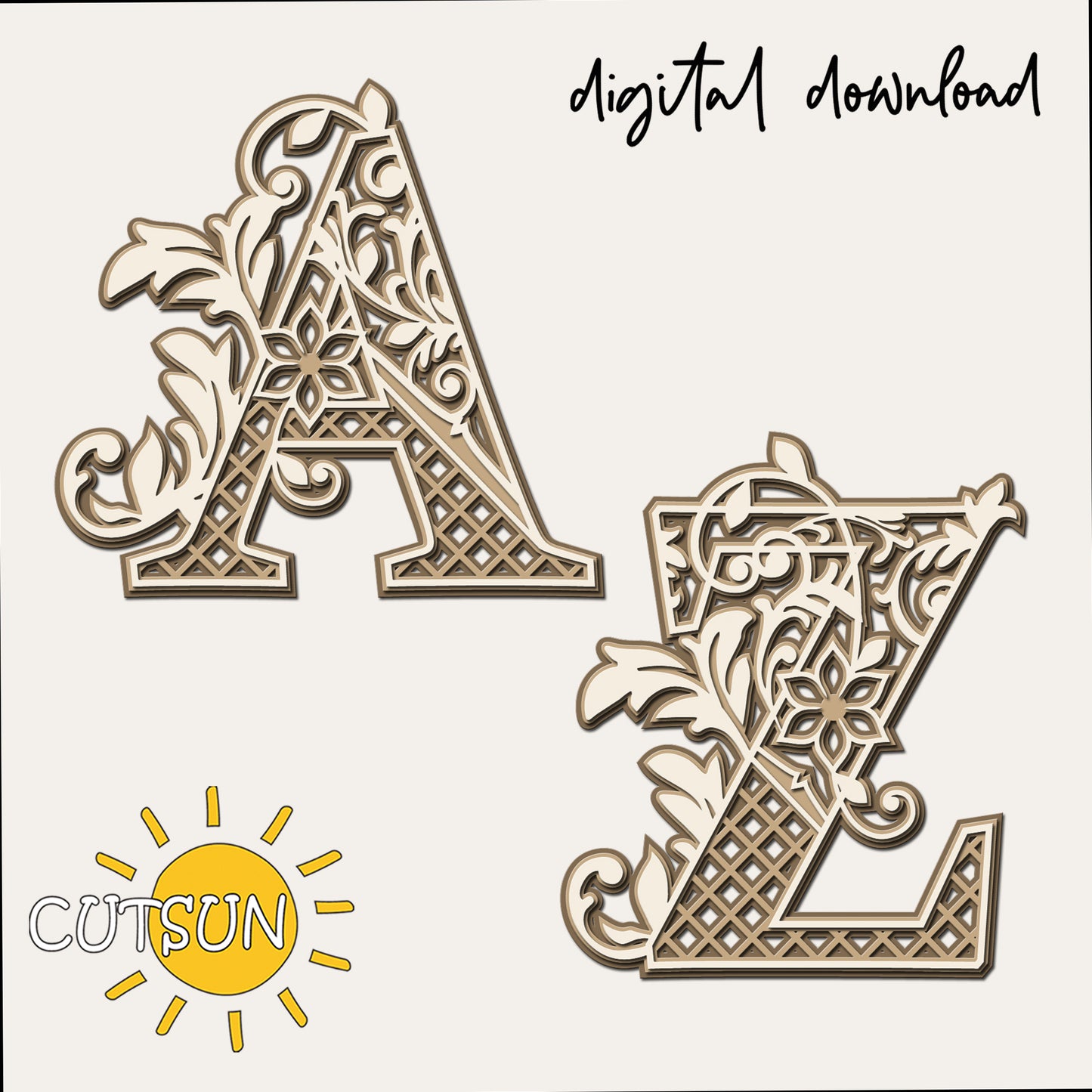 Decorative letters 'A' and 'Z' with intricate patterns on a white background, featuring the Cutsun logo.