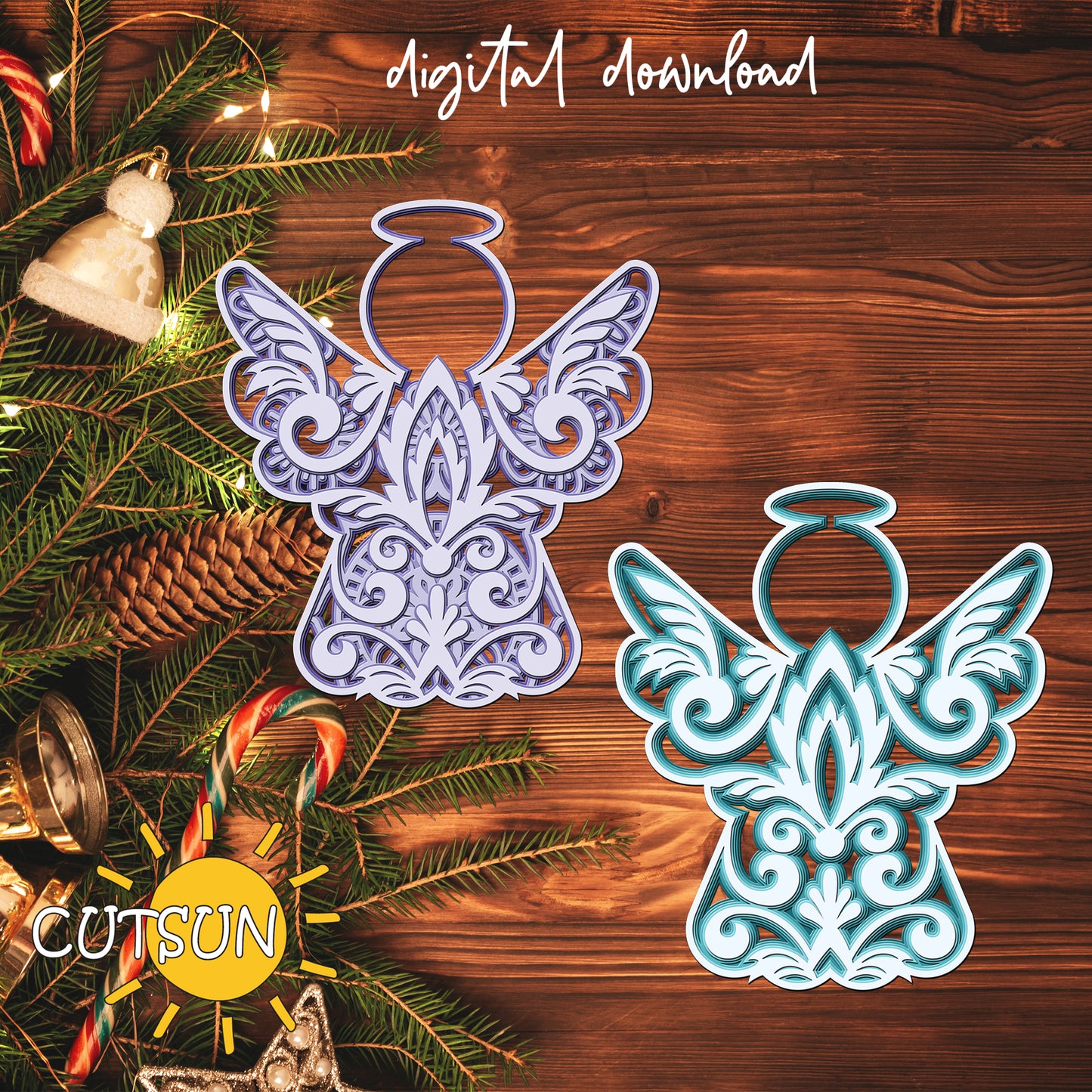 Decorative angel cutout designs on a wooden surface with Christmas elements.