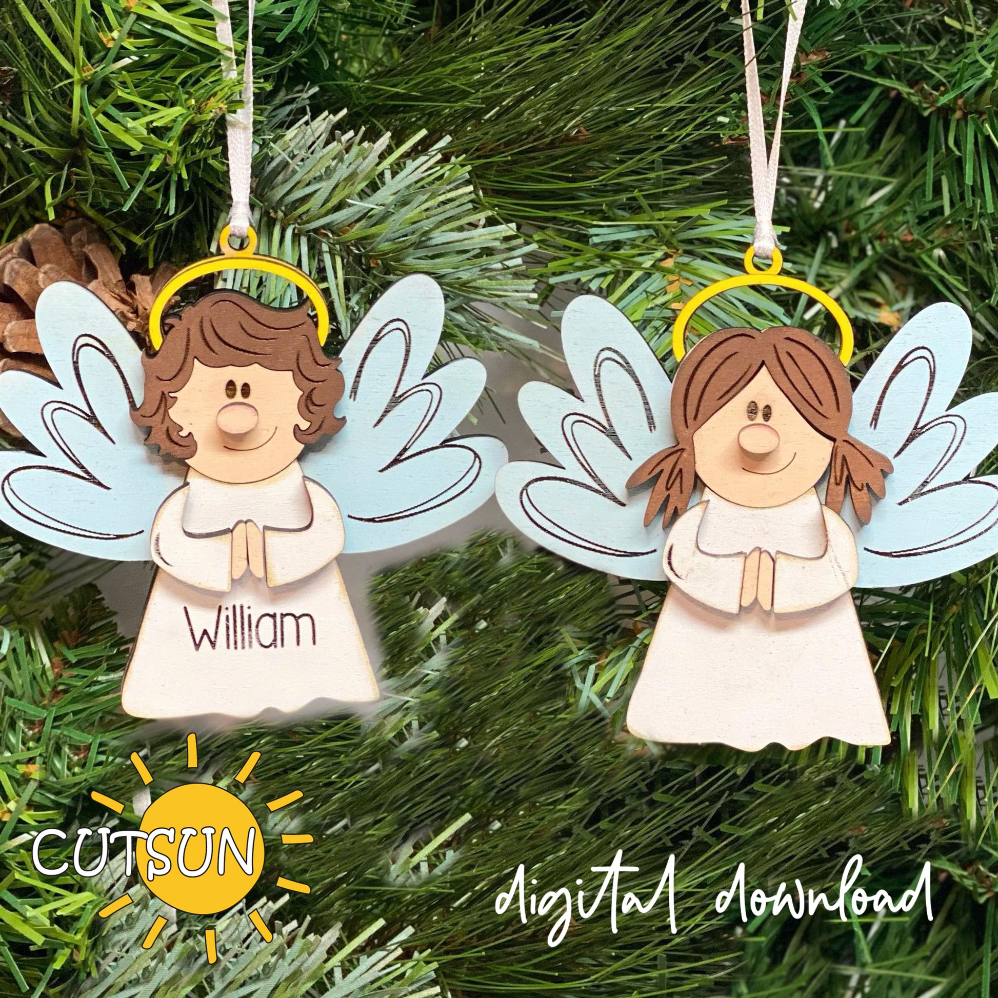 Two angel ornaments with brown hair and white dresses hanging on a green Christmas tree. The brand 'CUTSON' is visible.
