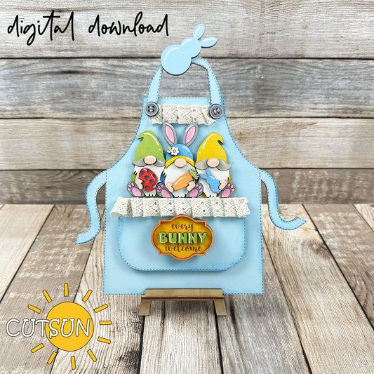 Laser cut file for Easter apron shelf sitter featuring gnomes with Easter items and a bunny topper, perfect for spring kitchen decor.