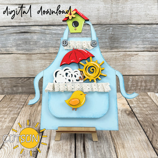 Spring apron shelf sitter add-on with birdhouse, umbrella, and bird – digital laser cut file for DIY seasonal decor.
