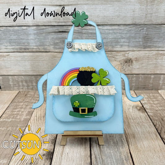 St. Patrick’s Day apron shelf sitter SVG with leprechaun hat, rainbow, shamrock and four-leaf clover cut file