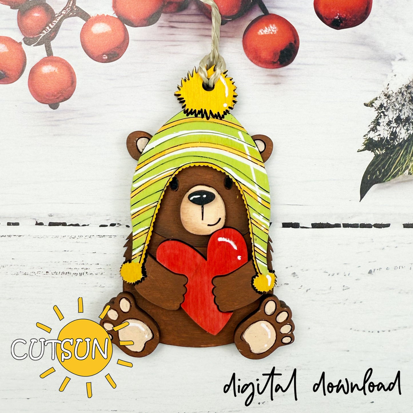 Layered Bear with Heart Ornament SVG File – Cute Winter & Valentine Laser Cut Design