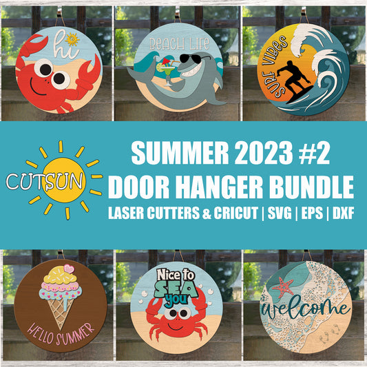Summer-themed door hangers with various designs on a wooden background, featuring the brand 'Cutsun'.