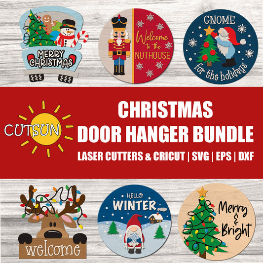 Christmas door hanger bundle with various designs on a wooden background.