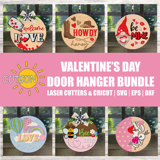 Valentine's Day door hanger bundle with various designs on a wooden background.