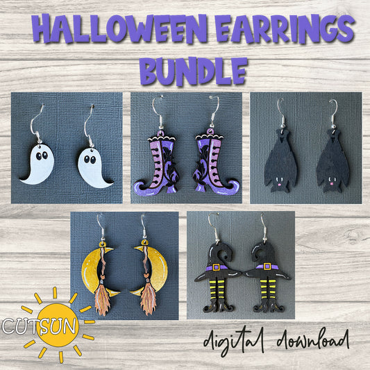 A collection of Halloween-themed earrings in various designs including ghosts, bats, and witches' shoes, displayed against a dark background. Each earring has a distinctive shape and style, indicating a variety of patterns and colors.