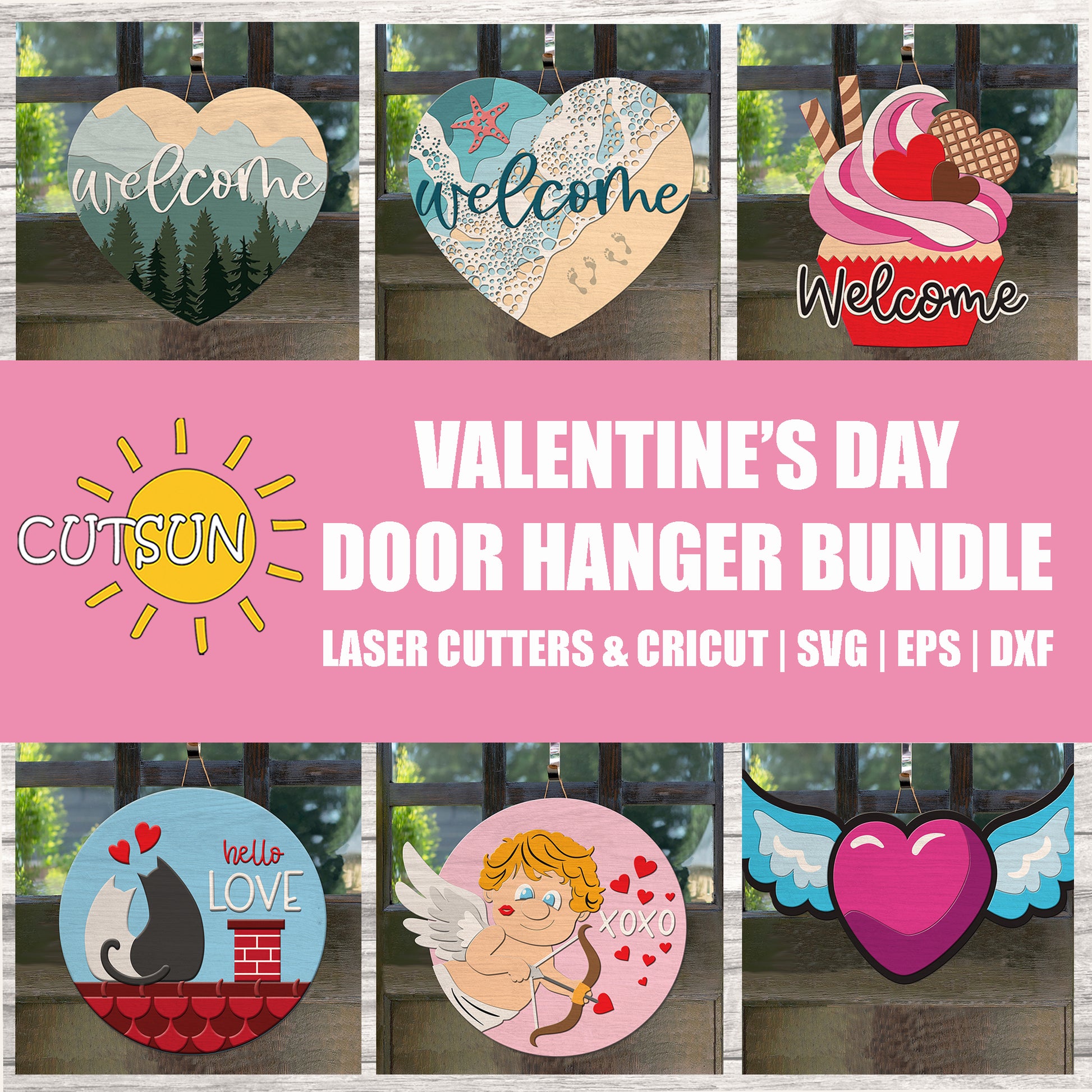 Valentine's Day door hanger bundle with various designs on a pink background featuring the Cutsun logo.