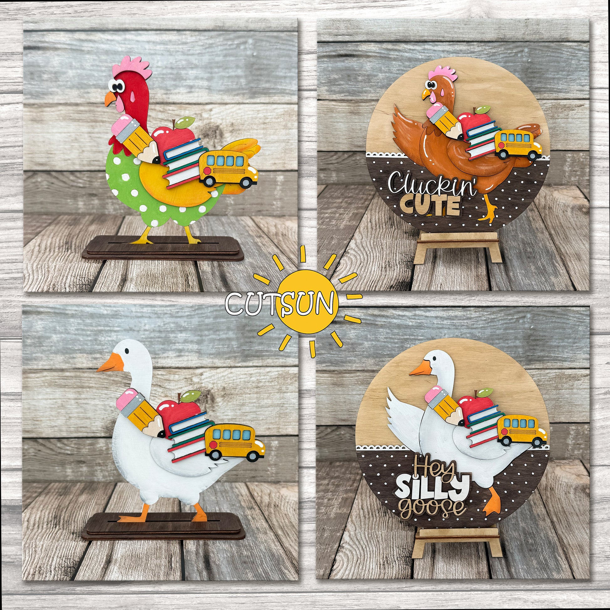 Back to School Add-On SVG with books, pencil, apple and school bus – fits Interchangeable Goose & Chicken Door Hangers and Shelf Sitters