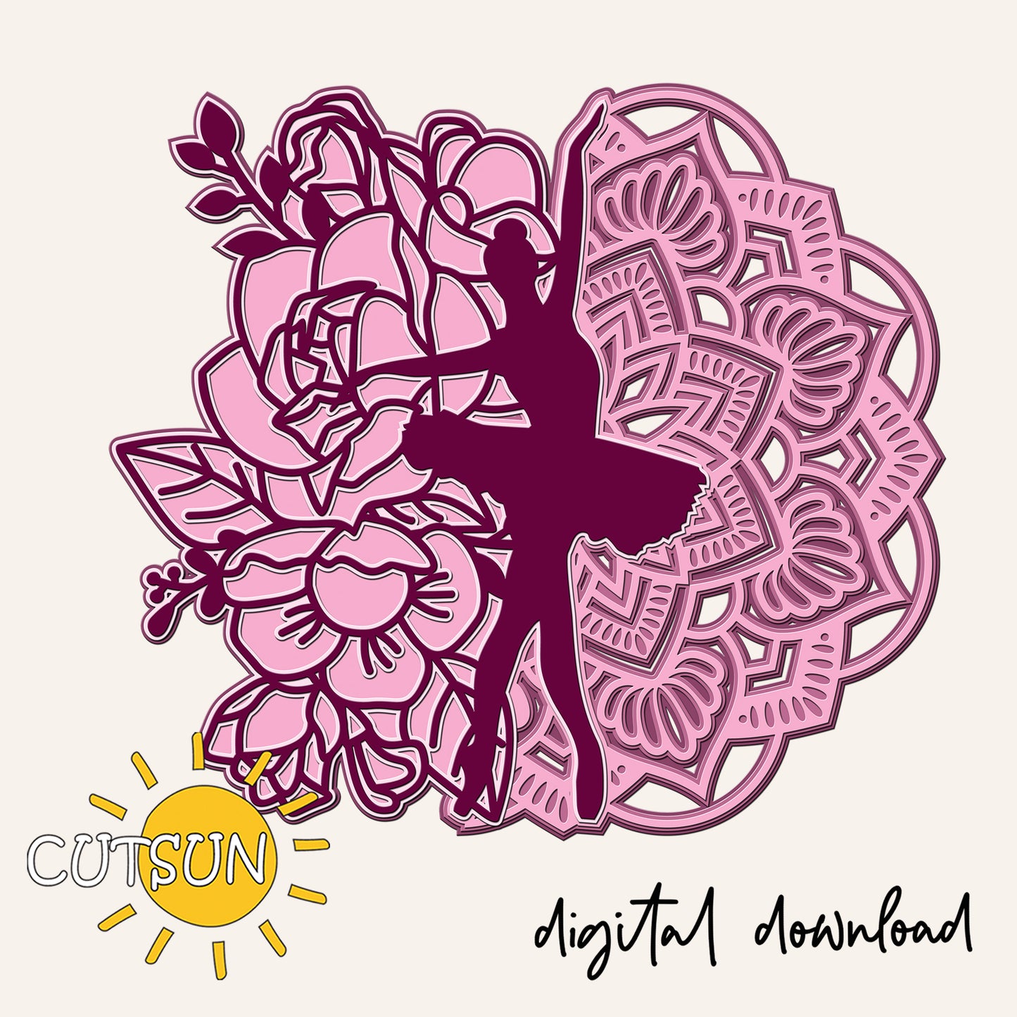 Silhouette of a ballerina within a pink floral and geometric design on a light pink background, with 'CUTSUN' logo and 'digital download' text.