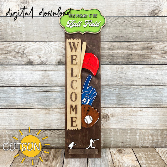Baseball porch sign SVG with glove, cap, players, foam finger and “Ball Field” plaque – laser cut file with interchangeable vertical leaner.