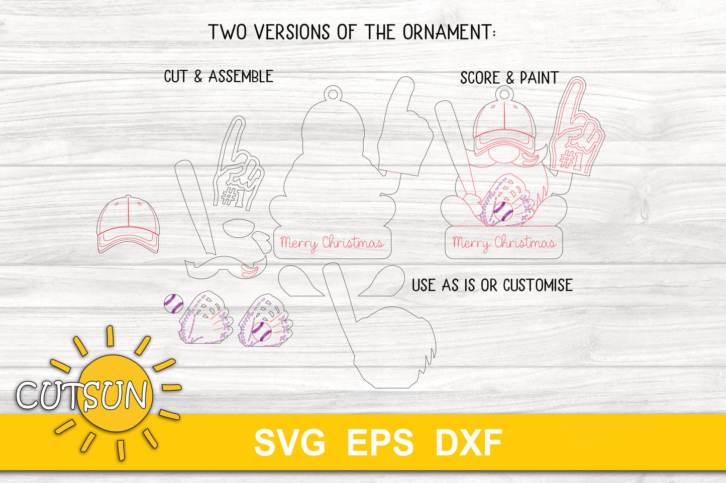 SVG digital download for use with laser cutters featuring a Baseball gnome Christmas ornament