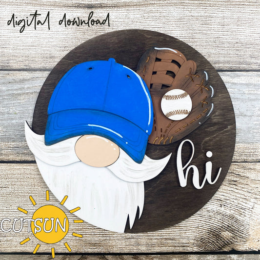Digital download for a round Interchangeable door sign featuring a gnome peeking from the side and wearing a baseball hat, and a baseball glove.