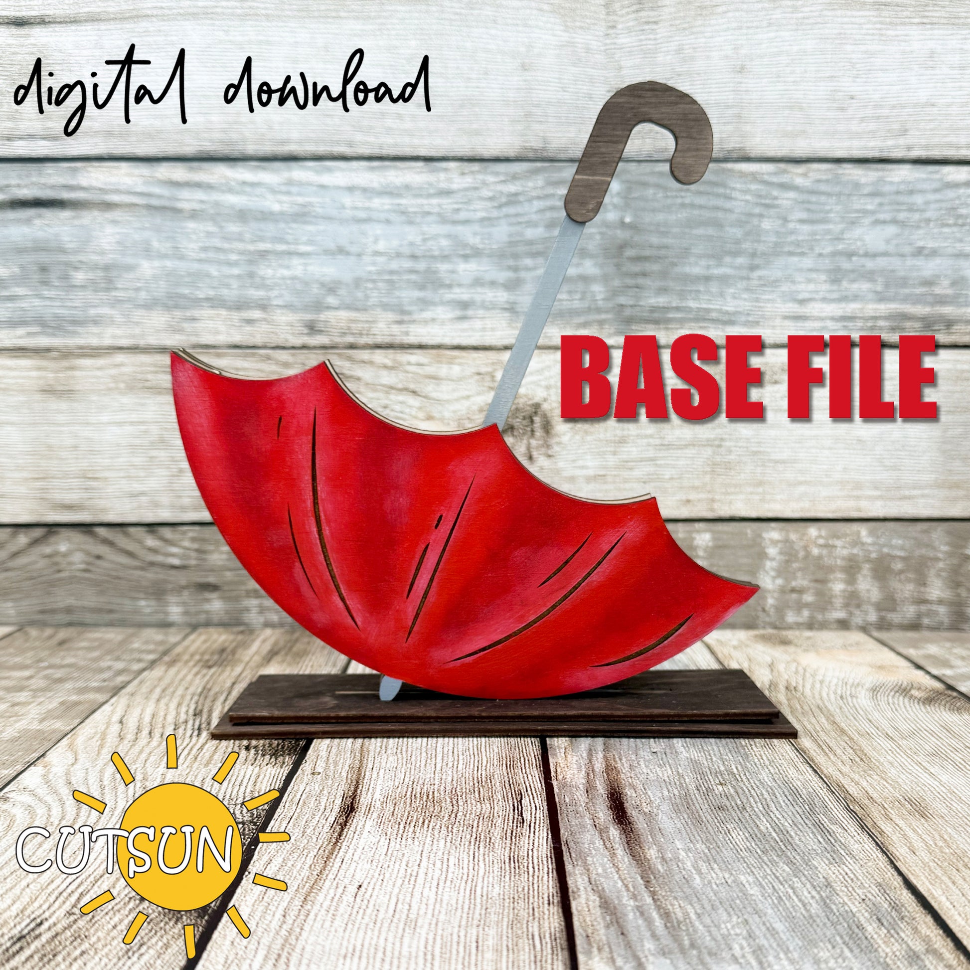 Digital download base file for an interchangeable shelf sitter project featuring an upside down umbrella, with a visible stand, in a red color on a wooden background.