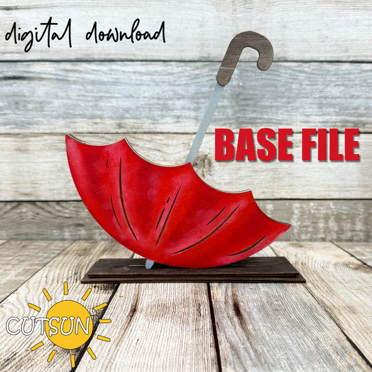 Digital download base file for an interchangeable shelf sitter project featuring an upside down umbrella, with a visible stand, in a red color on a wooden background.