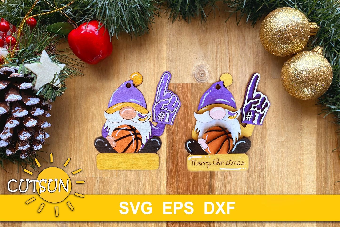 Digital download featuring a cheerful Basketball gnome: a fan holding a foam hand and basketball with customizing options. Two versions included: laser cut file to score & paint or cut & assemble. Great for decorating your Christmas tree, gift tags, or a present to a basketball fan. Previews included, 4" height.