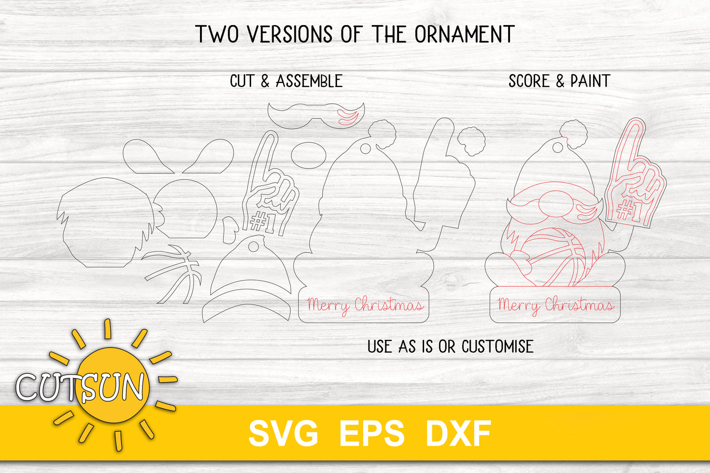 Digital download featuring a cheerful Basketball gnome: a fan holding a foam hand and basketball with customizing options. Two versions included: laser cut file to score & paint or cut & assemble. Great for decorating your Christmas tree, gift tags, or a present to a basketball fan. Previews included, 4" height.