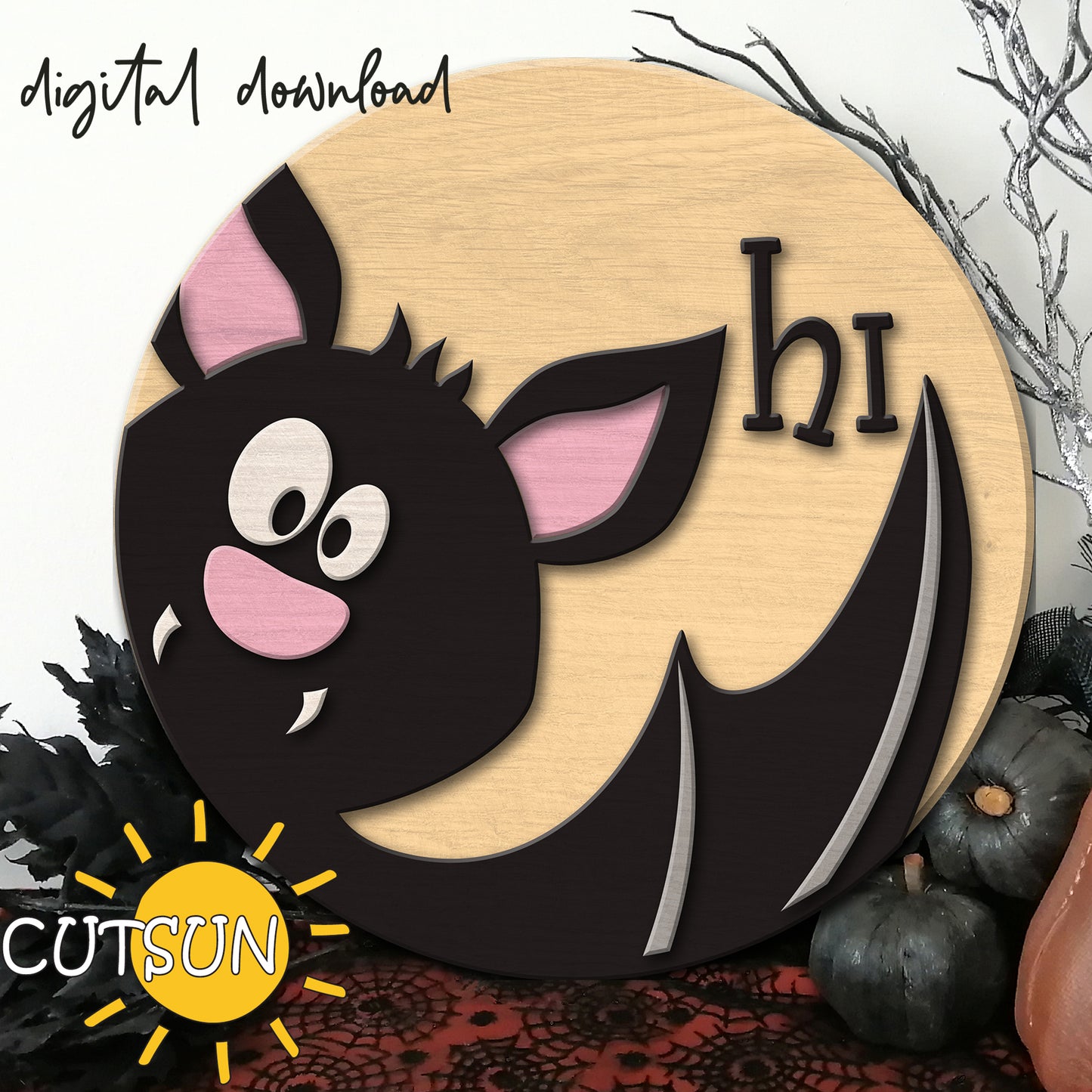 Bat Hi Halloween door hanger svg - laser cut file