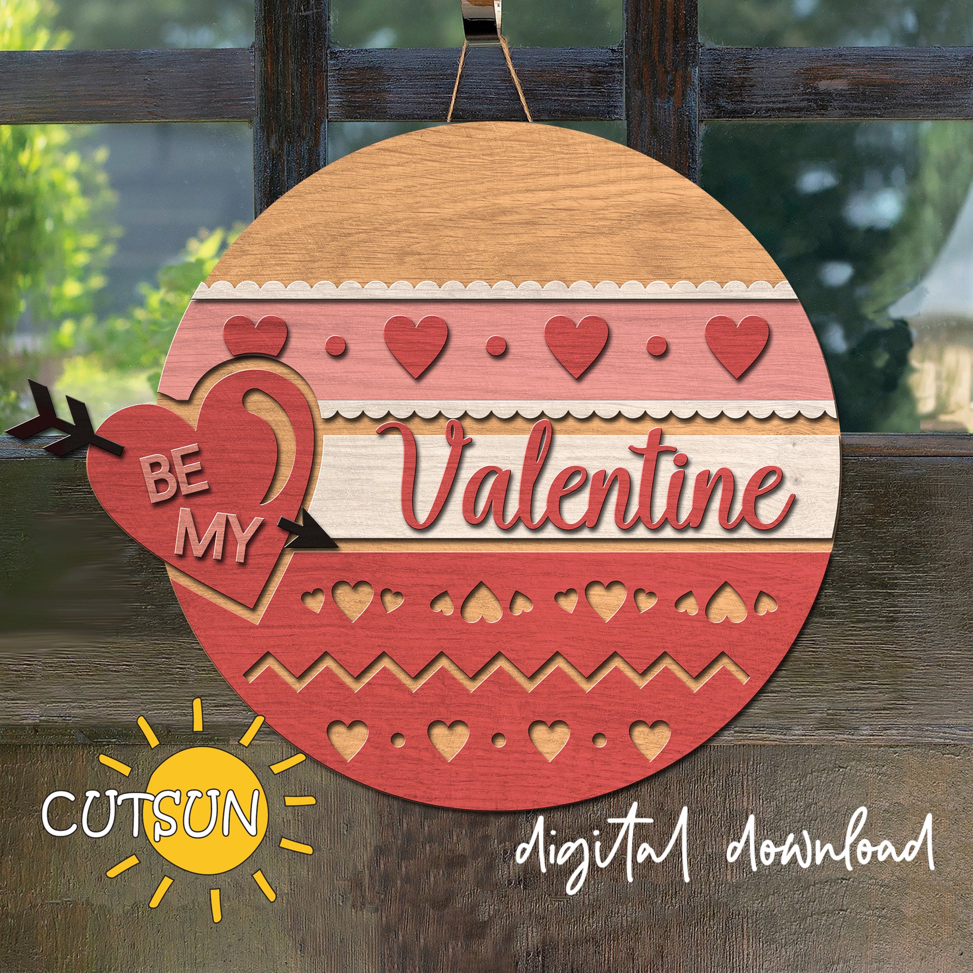 Decorative sign with 'Be My Valentine' text on a wooden background, featuring the brand 'CUTSUN'.