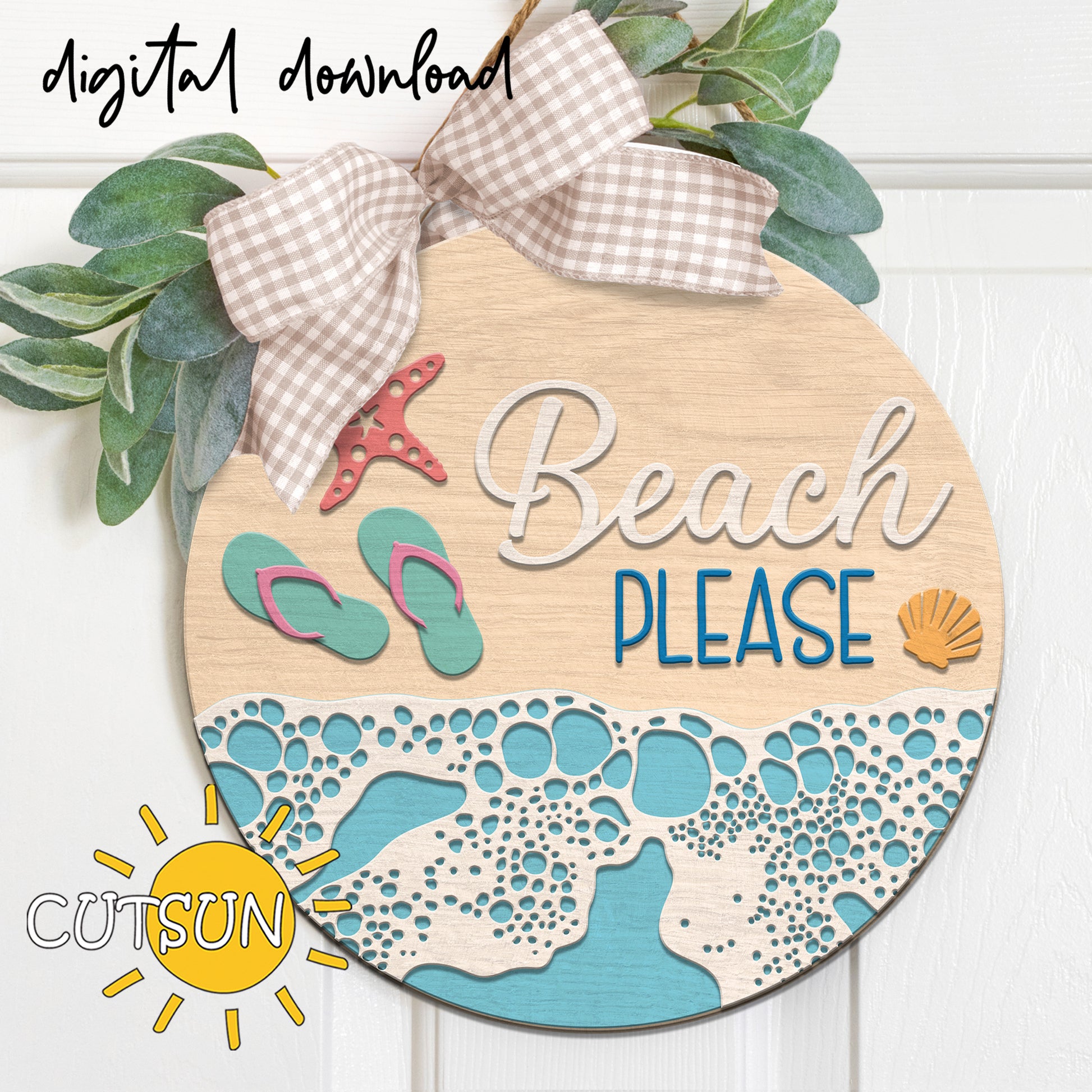 Layered beach door sign SVG with flip-flops, waves, starfish and “Beach Please” text – laser cut file for summer decor projects
