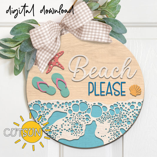 Layered beach door sign SVG with flip-flops, waves, starfish and “Beach Please” text – laser cut file for summer decor projects