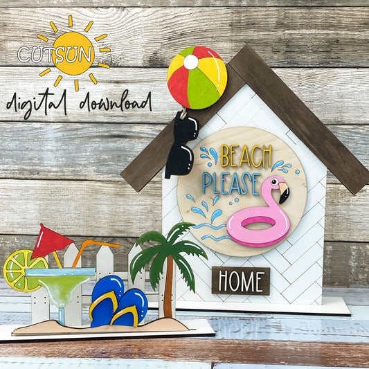 A digital download image showing a beach-themed decoration for a house or fence, featuring a flamingo, beach ball, sunglasses, and palm tree with the text 'BEACH PLEASE' and 'HOME'.