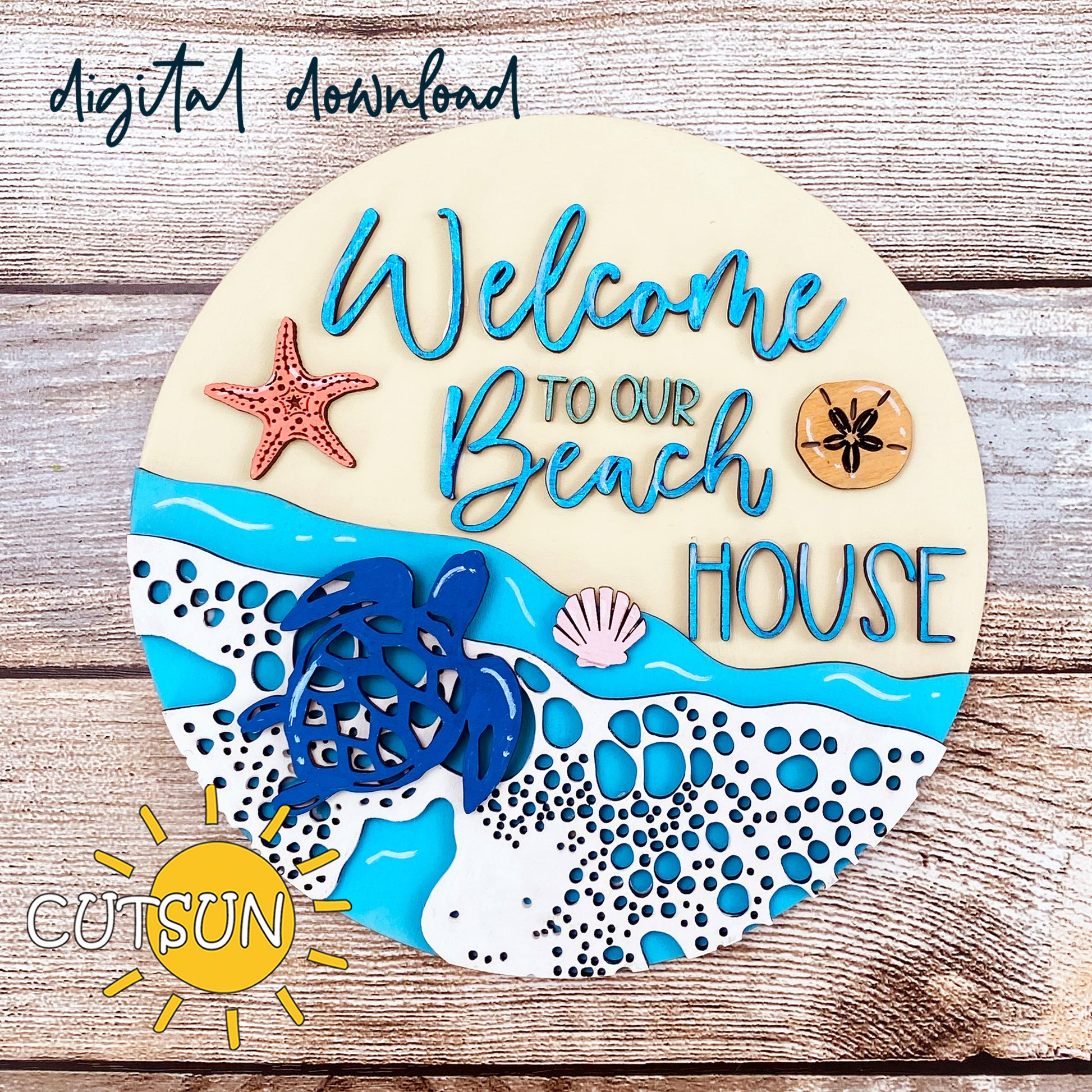 Round beach-themed welcome sign with layered turtle, starfish, sand dollar, seashells, and “Welcome to Our Beach House” text.