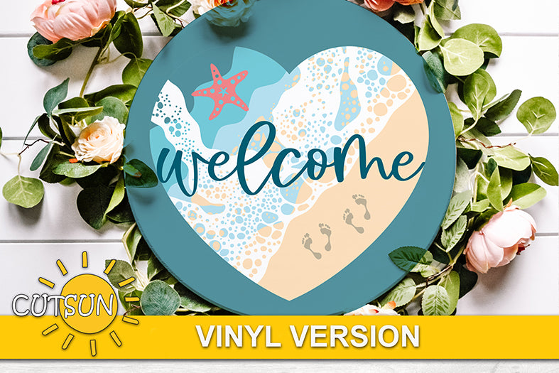 Beach heart with waves, sea foam, starfish and footprints on the sand for use with Cricut / Silhouette craft cutting machines