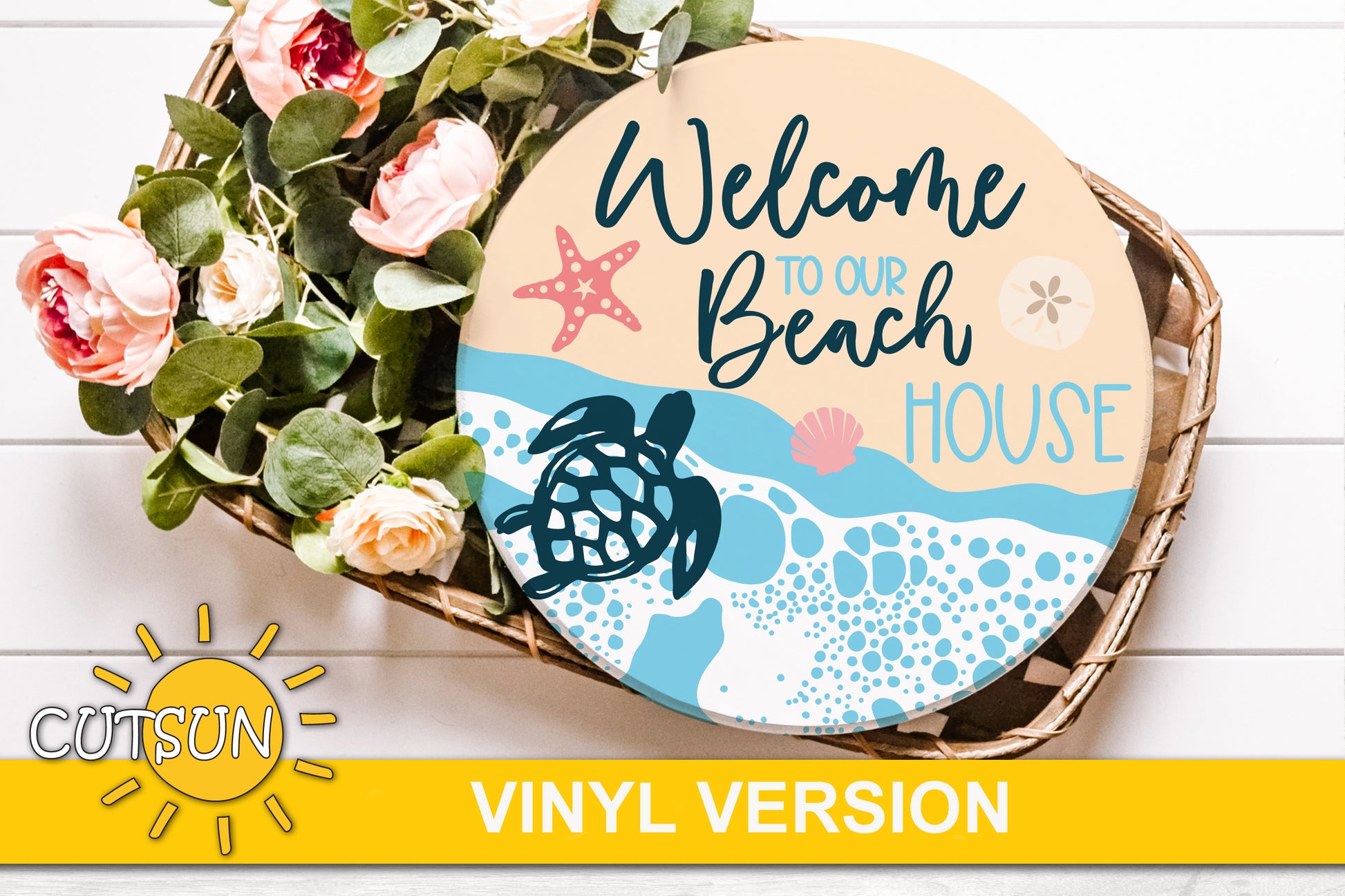 Round beach-themed welcome sign with layered turtle, starfish, sand dollar, seashells, and “Welcome to Our Beach House” text.