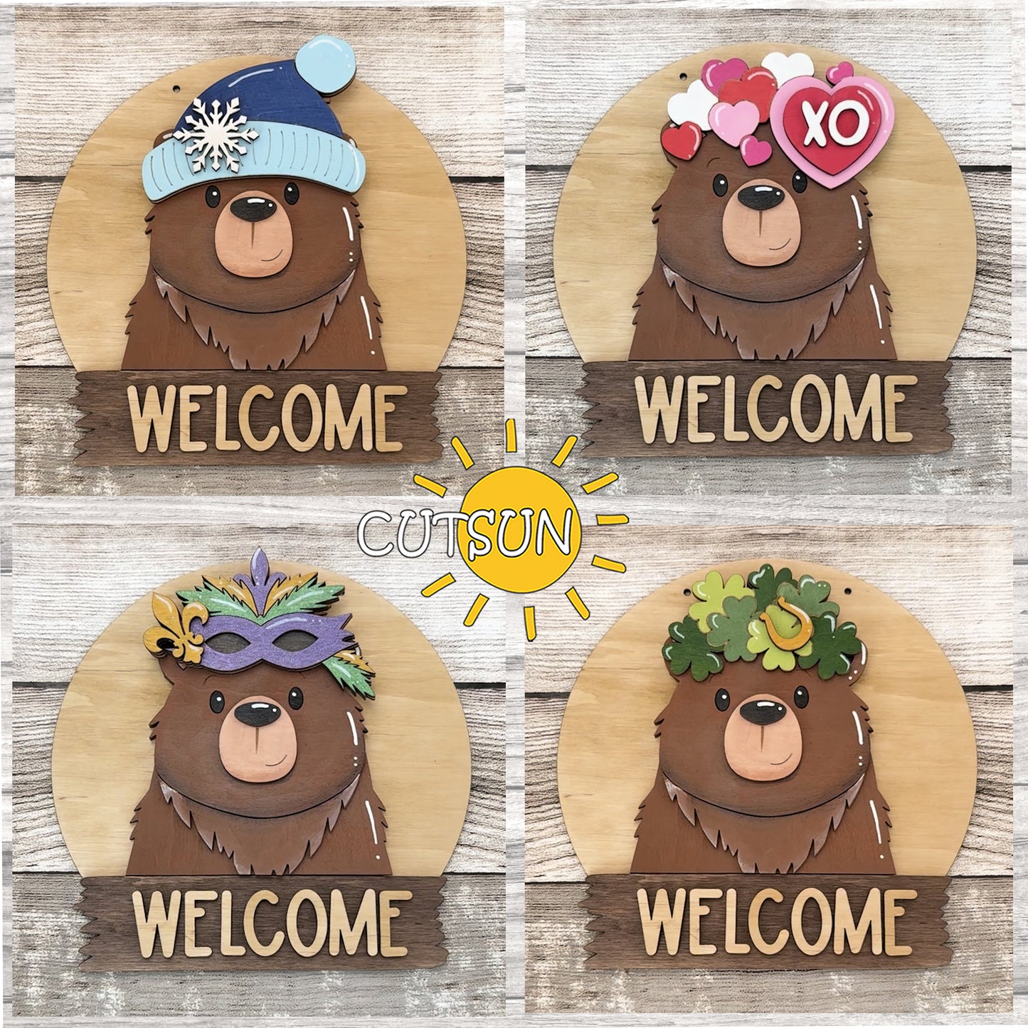 Bear Interchangeable Round Door Sign SVG | Cute Bear Welcome Sign Laser Cut File | Animal Door Hanger SVG