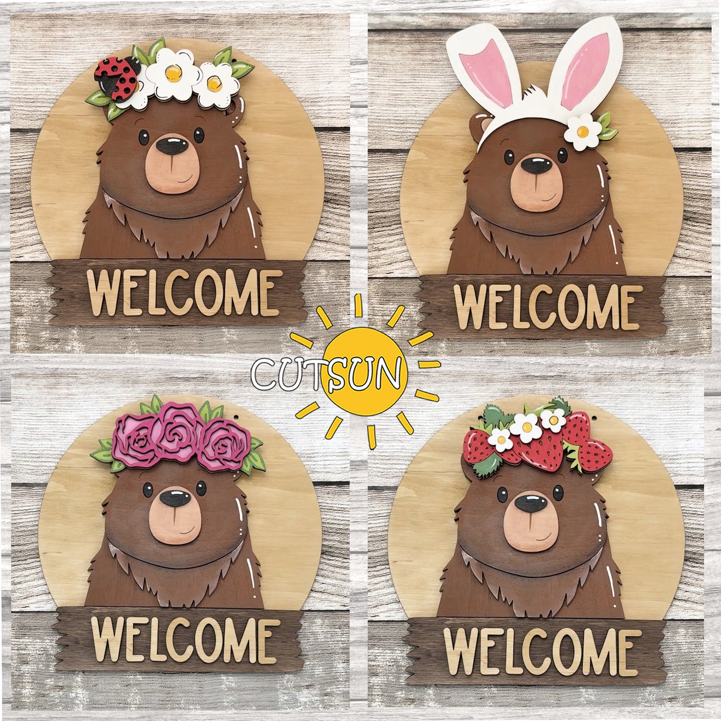 Bear Interchangeable Round Door Sign SVG | Cute Bear Welcome Sign Laser Cut File | Animal Door Hanger SVG