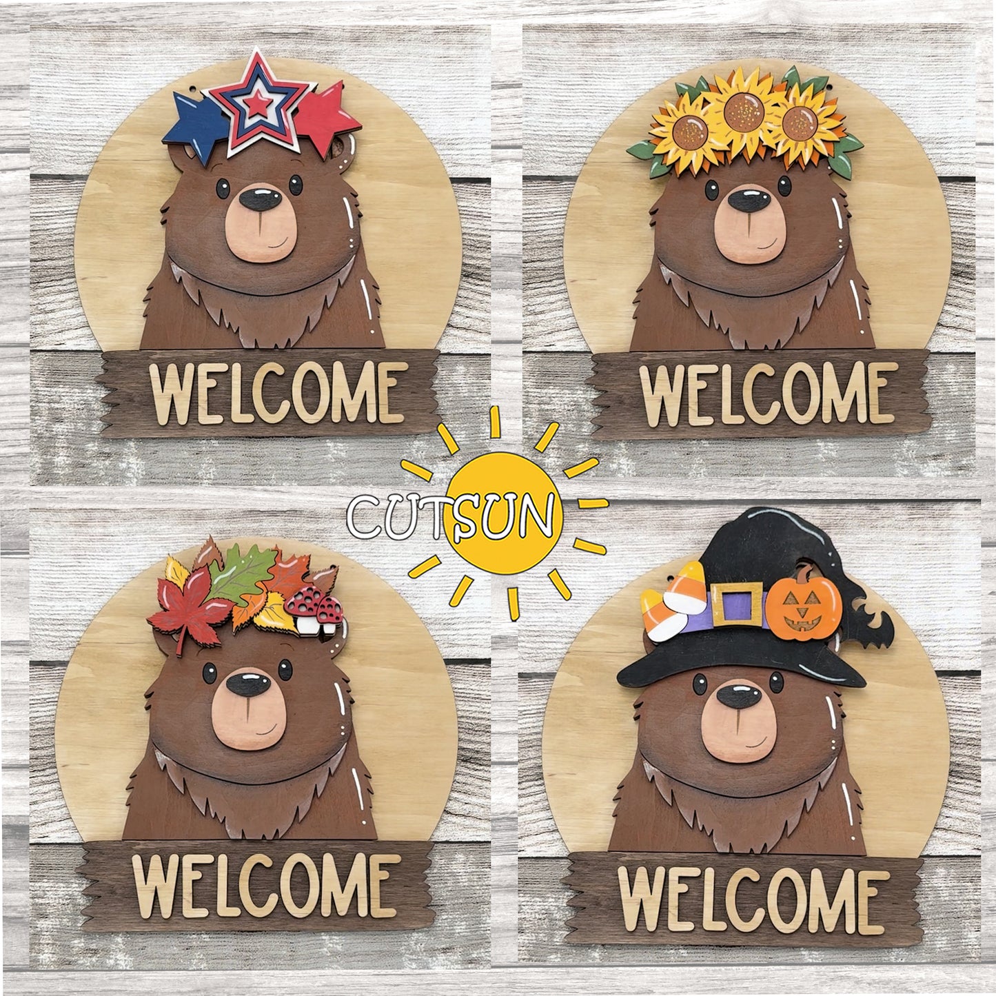 Bear Interchangeable Round Door Sign SVG | Cute Bear Welcome Sign Laser Cut File | Animal Door Hanger SVG