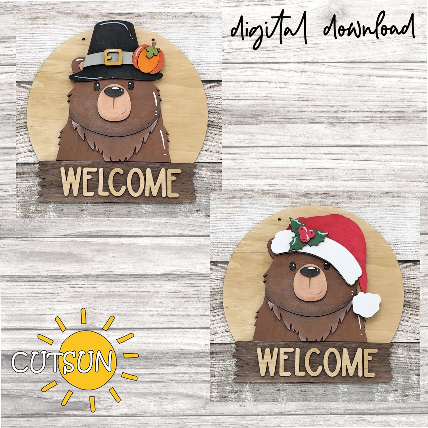 Bear Interchangeable Round Door Sign SVG | Cute Bear Welcome Sign Laser Cut File | Animal Door Hanger SVG
