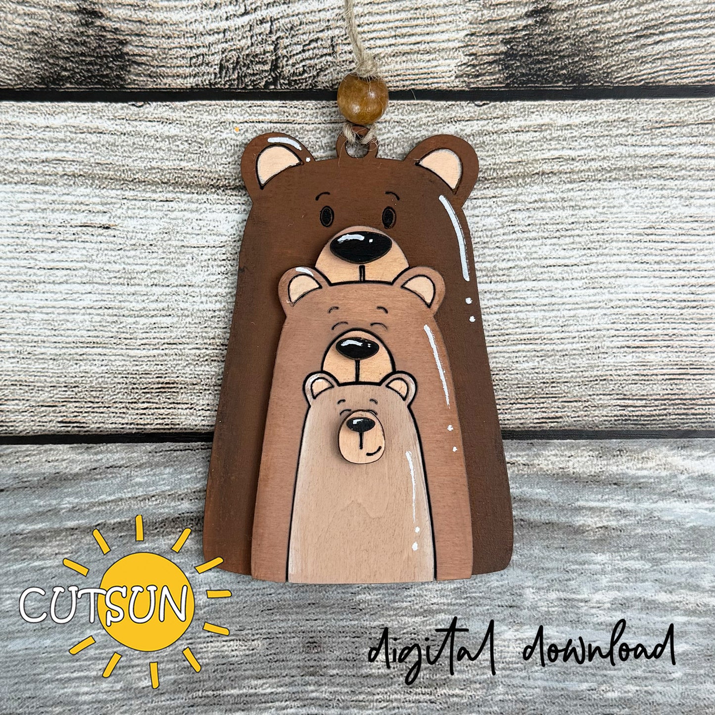 Layered Bear Family Ornament SVG – digital laser cut file with multiple family versions for personalized Christmas or woodland decorations.