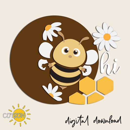 Bee Door Sign SVG – Hi Honey Bee Sign | Round Spring Door Hanger | Laser Cut File