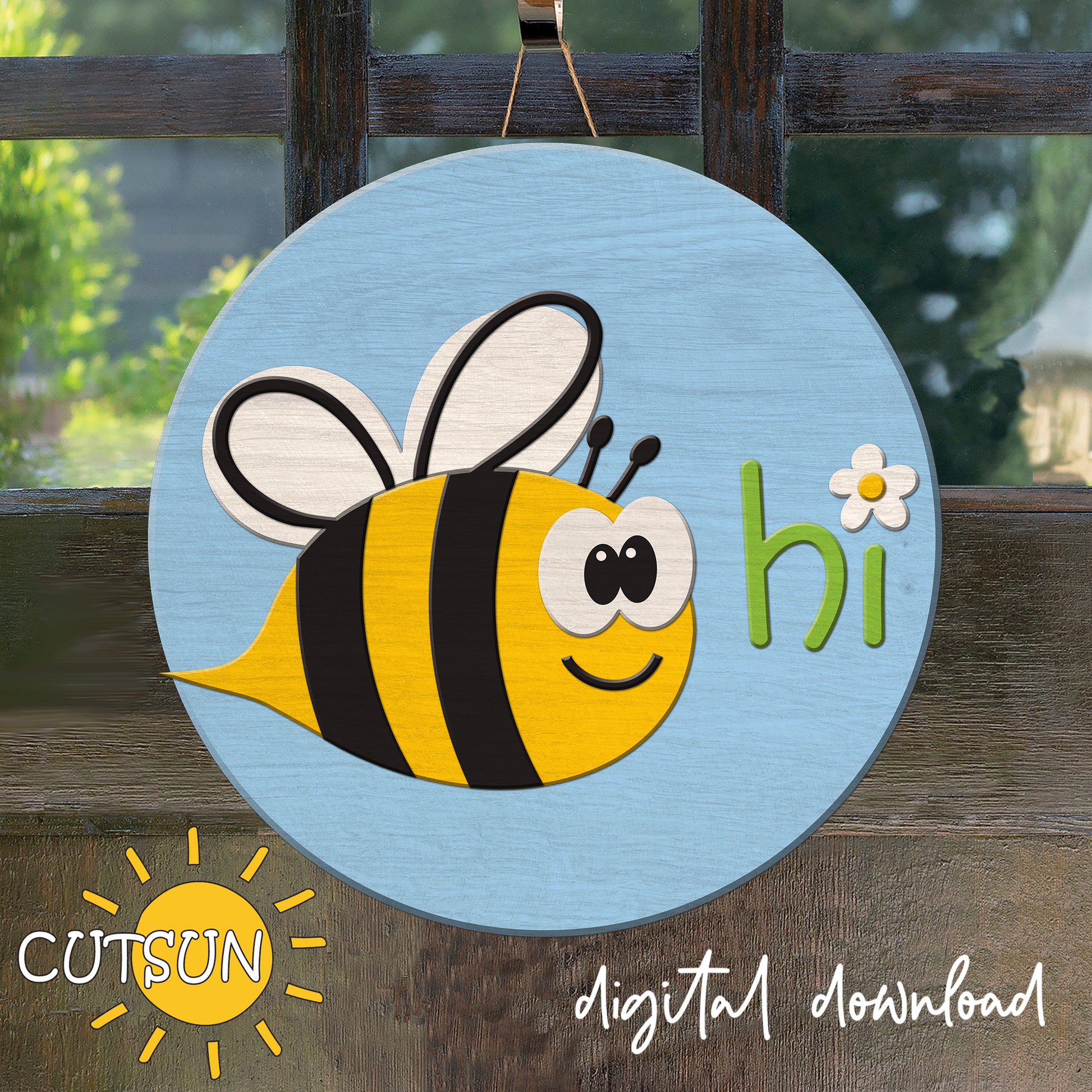 Circular sign with a bee illustration and 'hi' text on a wooden background, featuring the brand 'CUTSUN'.