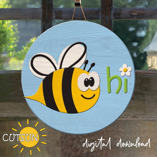 Circular sign with a bee illustration and 'hi' text on a wooden background, featuring the brand 'CUTSUN'.