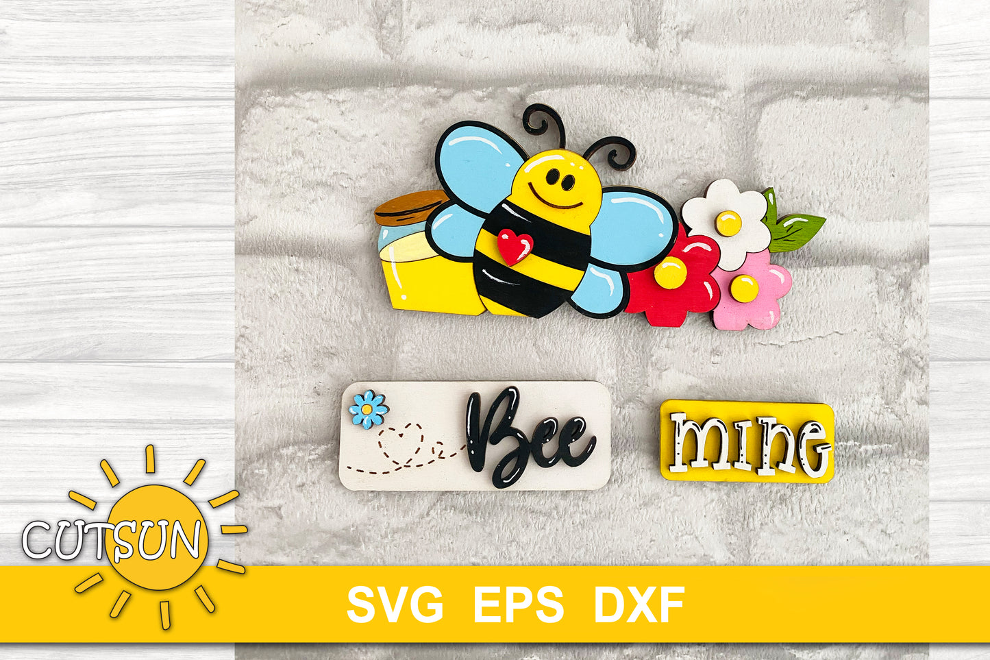 SVG digital download for a cute add-on for the Interchangeable truck featuring an adorable bee, a honey pot, flowers and the words Bee mine or Bee kind