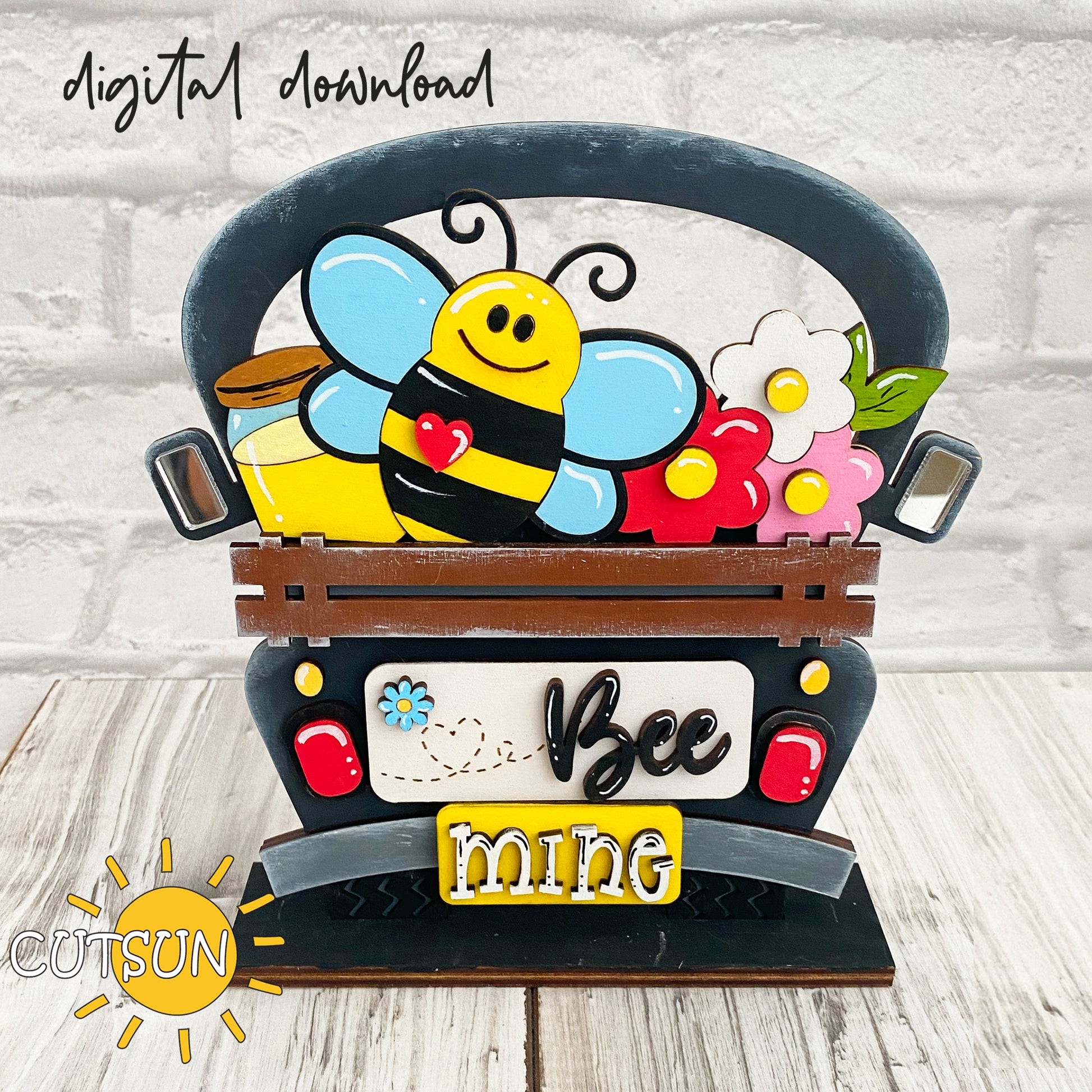 A digital image showing a colorful truck SVG design with a bee and flowers, indicating it is a template for a laser cut file.