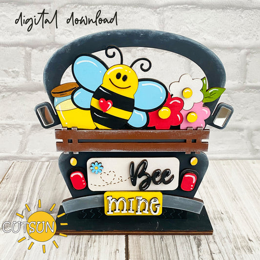 A digital image showing a colorful truck SVG design with a bee and flowers, indicating it is a template for a laser cut file.