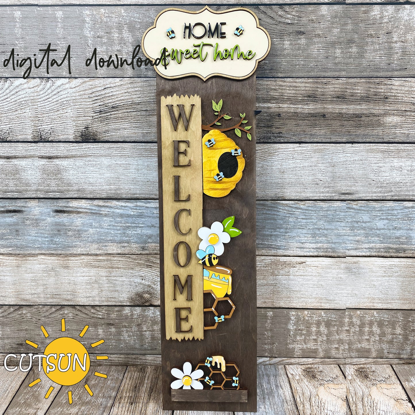 Beehive and Gnome Porch Sign SVG – Interchangeable Summer Add-On with Free Vertical Leaner File