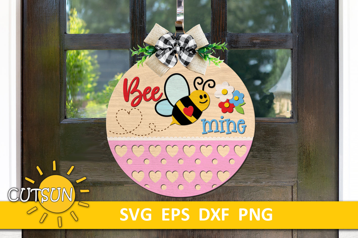 Bee mine door hanger with a cute bee, three flowers and patterned bottom - SVG digital download for use with laser cutters and Cricut / Silhouette craft cutting machines