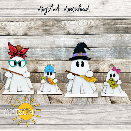 A set of four digital downloadable ghost-shaped shelf sitters with various accessories such as glasses, hats, and brooms, positioned on wooden stands. Each ghost is designed with a cute and playful appearance, suitable for Halloween decoration.
