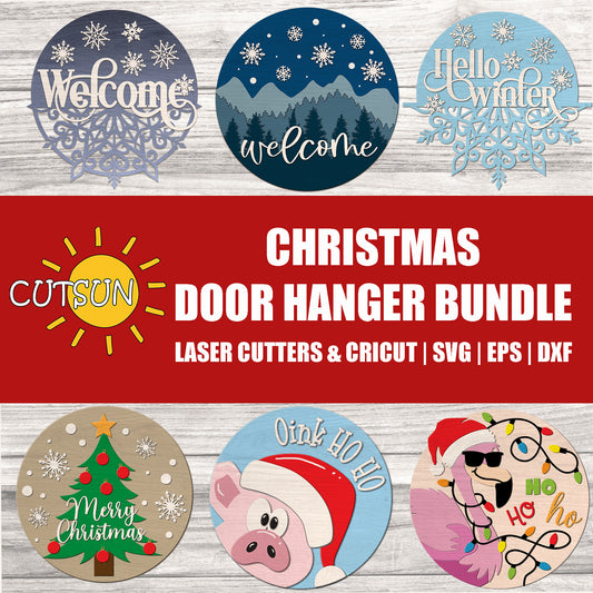 Christmas door hanger bundle with various designs on a wooden background, featuring the brand 'Cutsun'.
